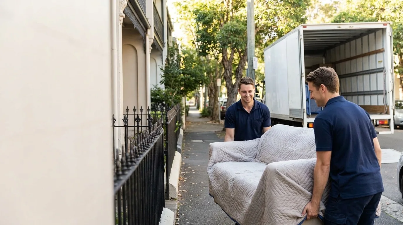 Removalists carefully carrying a wrapped sofa from an Inner West terrace, with a moving truck at the kerb